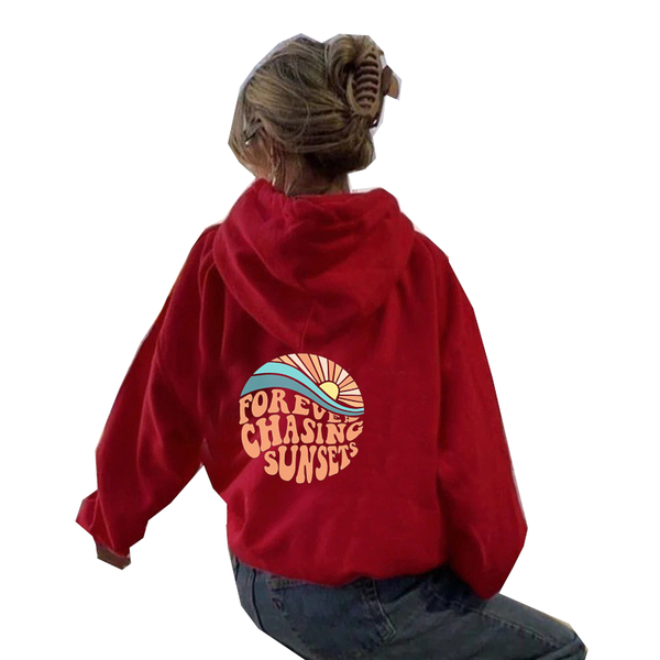 Women Fleece Lined Sunset Print Kangaroo Pocket Drawstring Hoodie Hoodies & Sweatshirts
