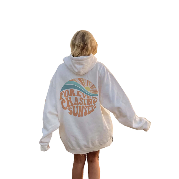 Women Fleece Lined Sunset Print Kangaroo Pocket Drawstring Hoodie Hoodies & Sweatshirts