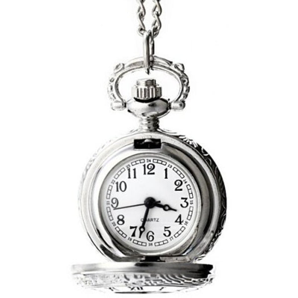 Veile Studios Flip Quartz Pocket Watch Steel Chain Necklace Silver Pocket Watches