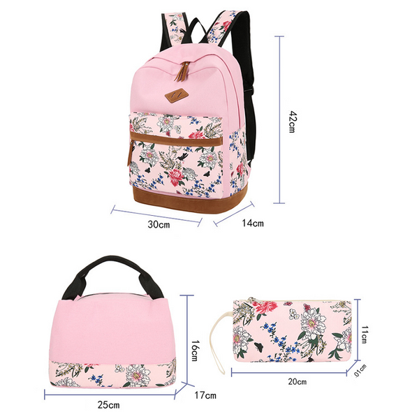 Floral Bags 3Pcs Schoolbag Backpack Lunch And Wallets