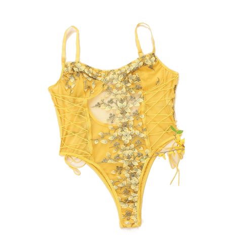 Floral Embroidery Mesh Lace Up  Bodysuit Lingerie Women Bodysuits