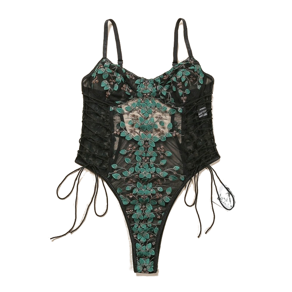 Floral Embroidery Mesh Lace Up  Bodysuit Lingerie Women Bodysuits