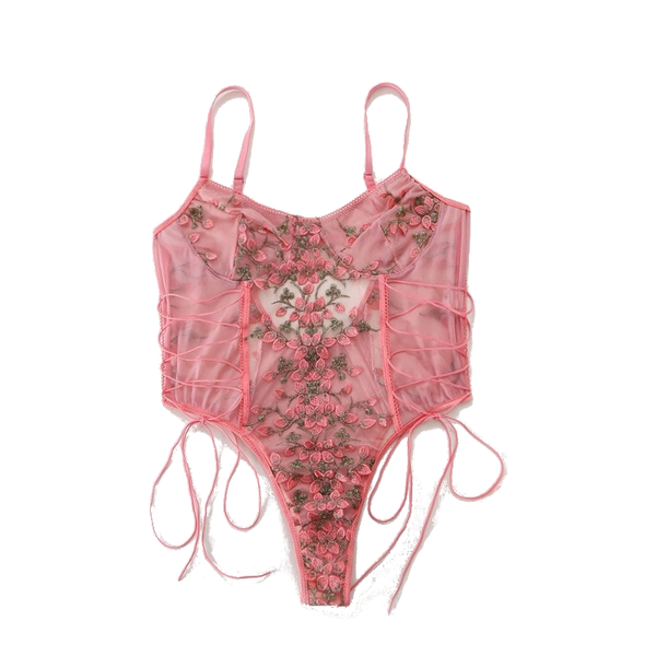 Floral Embroidery Mesh Lace Up  Bodysuit Lingerie Women Bodysuits