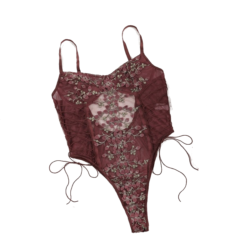 Floral Embroidery Mesh Lace Up  Bodysuit Lingerie Women Bodysuits
