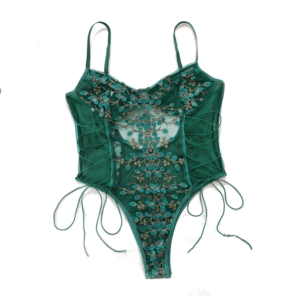 Floral Embroidery Mesh Lace Up  Bodysuit Lingerie Women Bodysuits