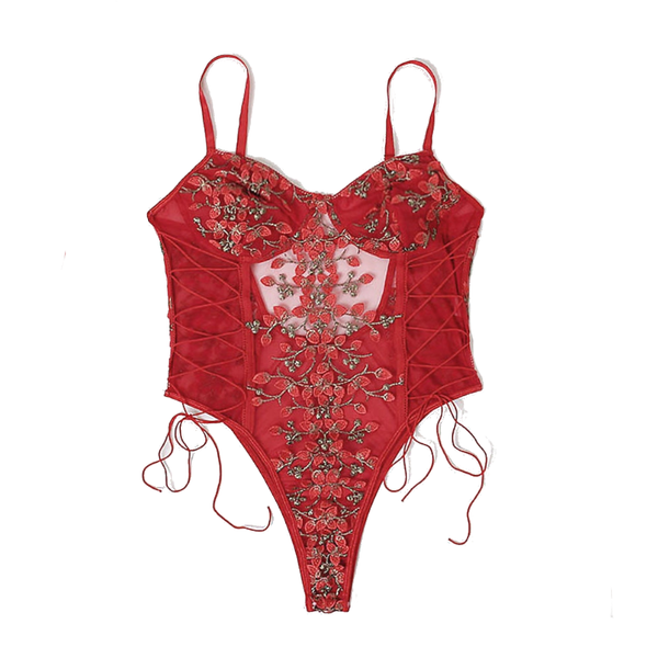 Floral Embroidery Mesh Lace Up  Bodysuit Lingerie Women Bodysuits