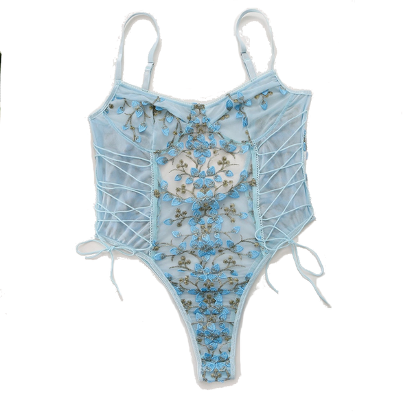 Floral Embroidery Mesh Lace Up  Bodysuit Lingerie Women Bodysuits