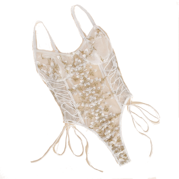 Floral Embroidery Mesh Lace Up  Bodysuit Lingerie Women Bodysuits