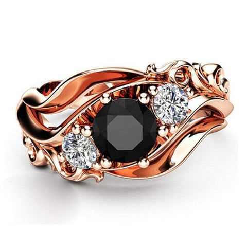 Rings Flower Line Gold Plated Black Cubic Zirconia Floral