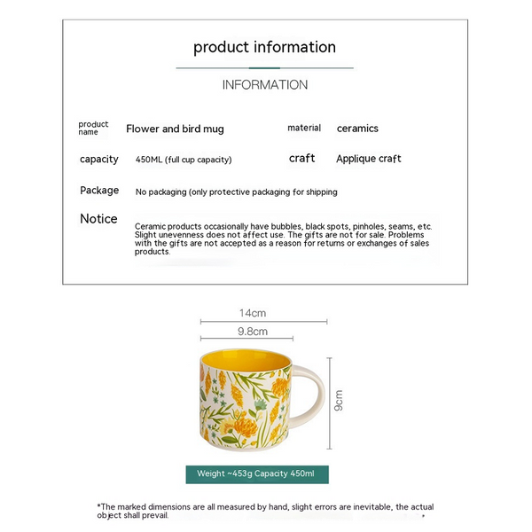 Flower Glaze Ceramic Cup Mug Household Large Capacity Breakfast 450Ml Mugs