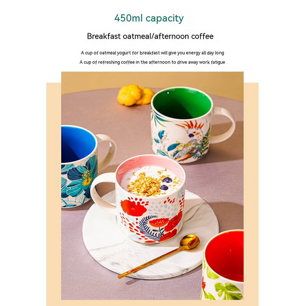 Flower Glaze Ceramic Cup Mug Household Large Capacity Breakfast 450Ml Mugs