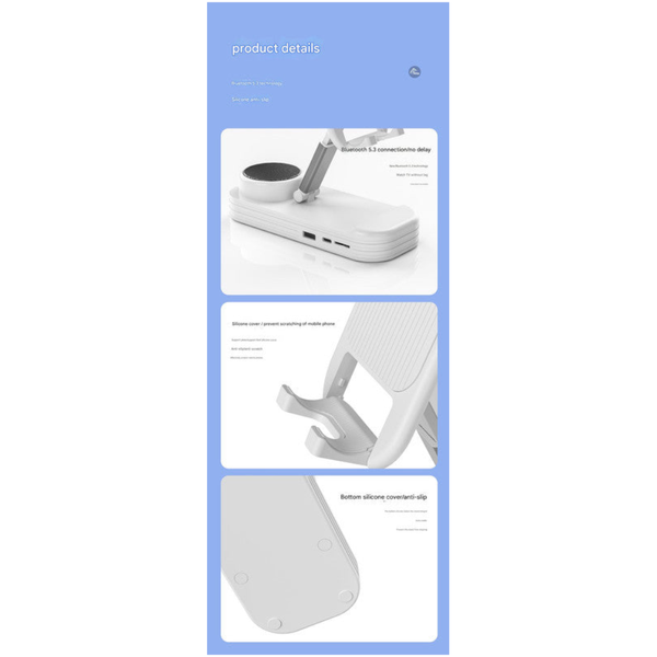 Foldable Desktop Phone Stand With Bluetooth 5.3 Speaker Adjustable Angle & Height Tf/Line In(White) Mounts & Holders