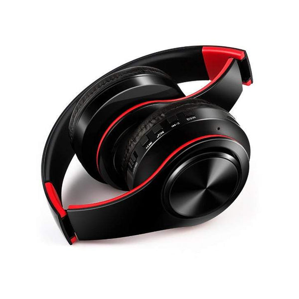 Headphones Folding Stereo Wireless Bluetooth Over Ear With Microphone And Volume Control Black Red