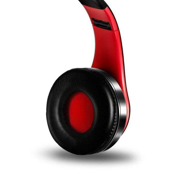Headphones Folding Stereo Wireless Bluetooth Over Ear With Microphone And Volume Control Black Red