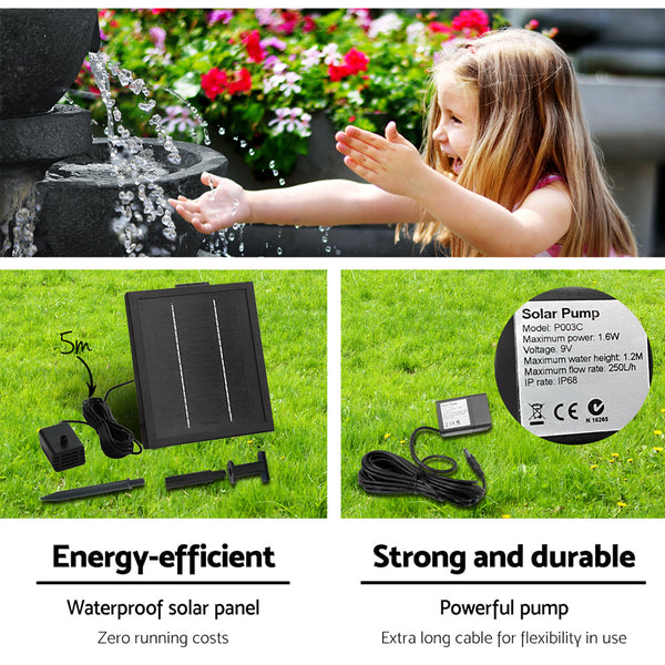 Gardeon 4 Tier Solar Powered Water Fountain With Light Blue Outdoor Fountains