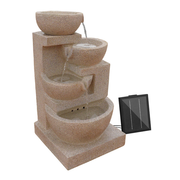 Gardeon 4 Tier Solar Powered Water Fountain With Light Sand Beige Outdoor Fountains