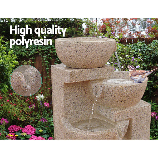 Gardeon 4 Tier Solar Powered Water Fountain With Light Sand Beige Outdoor Fountains