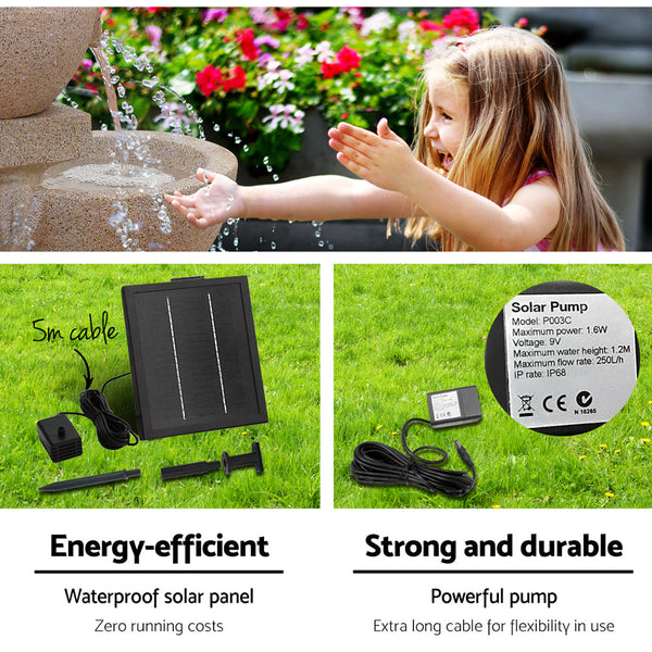 Gardeon 4 Tier Solar Powered Water Fountain With Light Sand Beige Outdoor Fountains