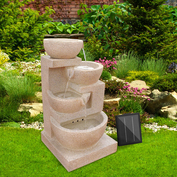 Gardeon 4 Tier Solar Powered Water Fountain With Light Sand Beige Outdoor Fountains