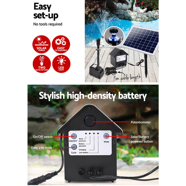 Gardeon Solar Pond Pump Battery Powered Outdoor Led Light Submersible Filter Ponds & Fountain Pumps