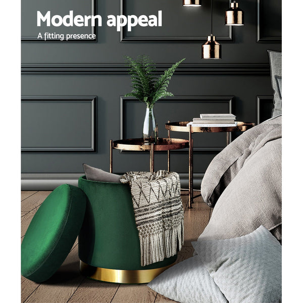 Artiss Storage Foot Stool Round Velvet Rest Pouffe Footstool Green Ottomans Footstools & Poufs