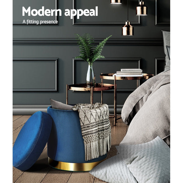 Artiss Foot Stool Round Velvet Storage Rest Pouffe Footstool Navy Ottomans Footstools & Poufs