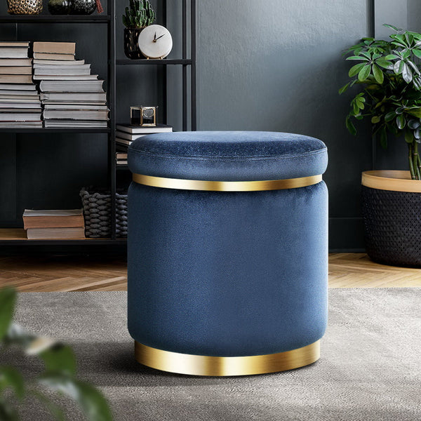 Artiss Foot Stool Round Velvet Rest Pouf Padded Seat Footstool Navy Ottomans Footstools & Poufs