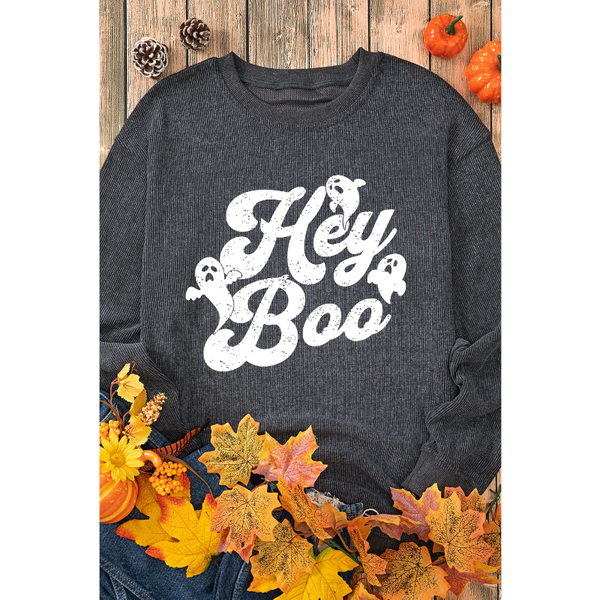 Gray Corded Hey Boo Ghost Graphic Drop Shoulder Halloween Sweatshirt L Hoodies & Sweatshirts