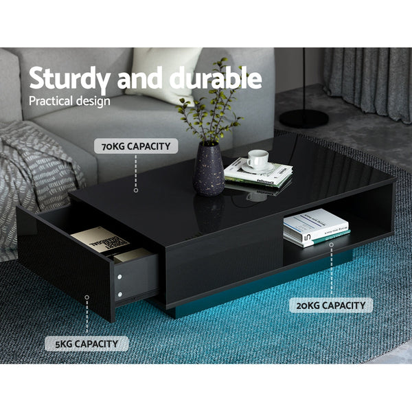 Artiss Coffee Table Led Lights High Gloss Storage Drawer Modern Furniture Black Coffee Tables