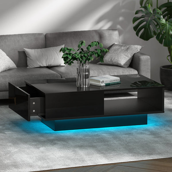 Artiss Coffee Table Led Lights High Gloss Storage Drawer Modern Furniture Black Coffee Tables
