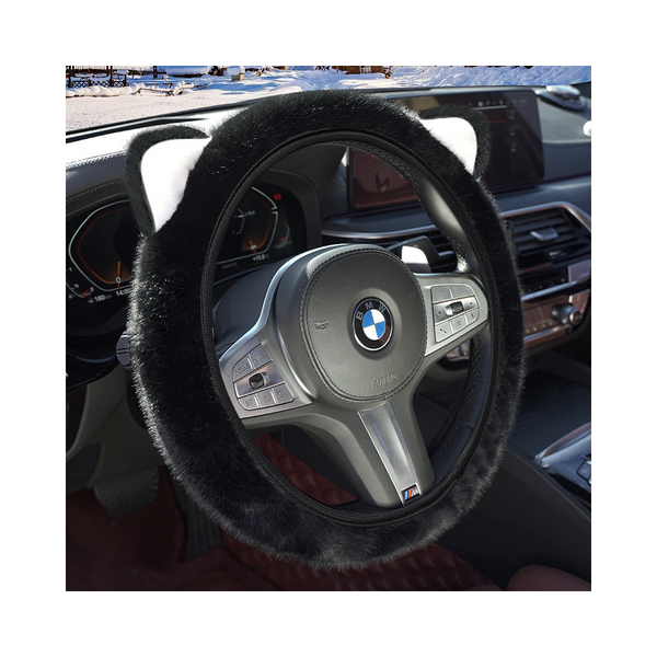 Black Plush Cat Ear Steering Wheel Cover Cute & Fuzzy Winter Grip Universal 38Cm Fit Steering Wheel Covers