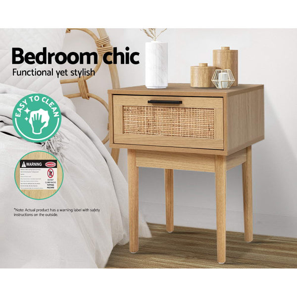 Artiss 1 Drawer Storage Cabinet Rattan Wood Nightstand Bedside Tables