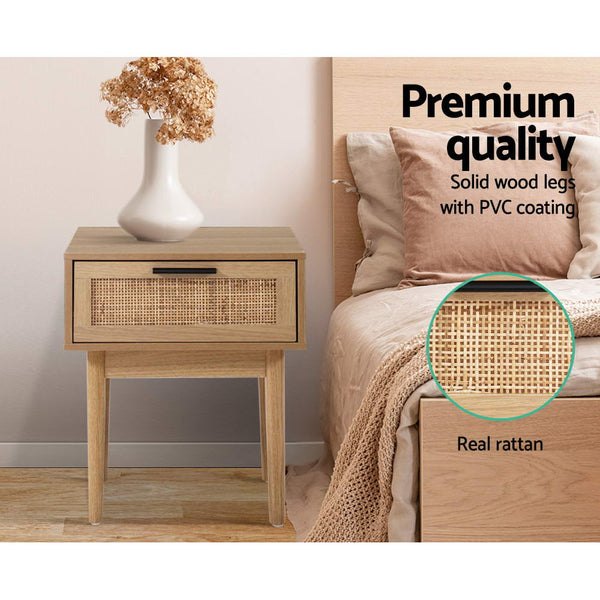 Artiss Bedside Tables 1 Drawer Storage Cabinet Rattan Wood Nightstand