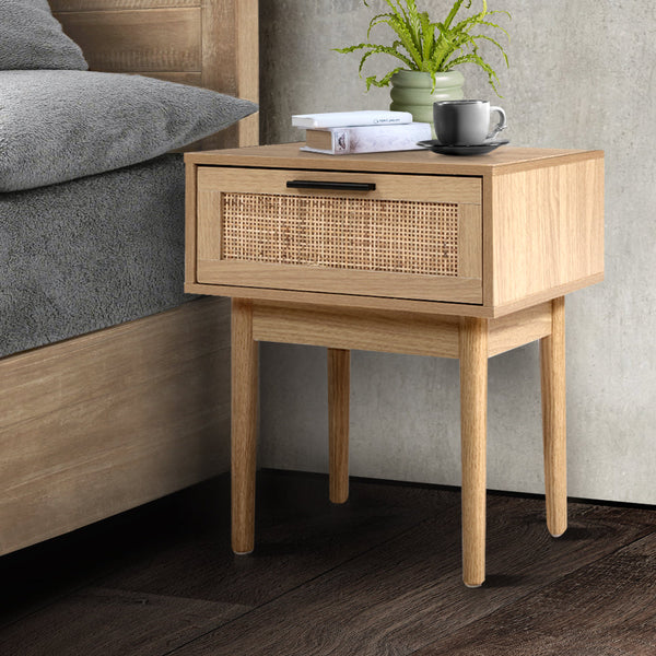 Artiss 1 Drawer Storage Cabinet Rattan Wood Nightstand Bedside Tables