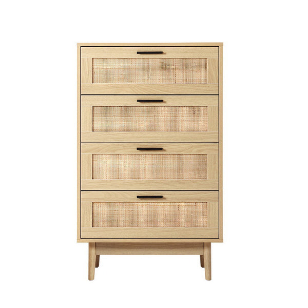 Artiss 4 Chest Of Drawers Rattan Tallboy Cabinet Bedroom Clothes Storage Wood Dressers & Chests Of Drawers