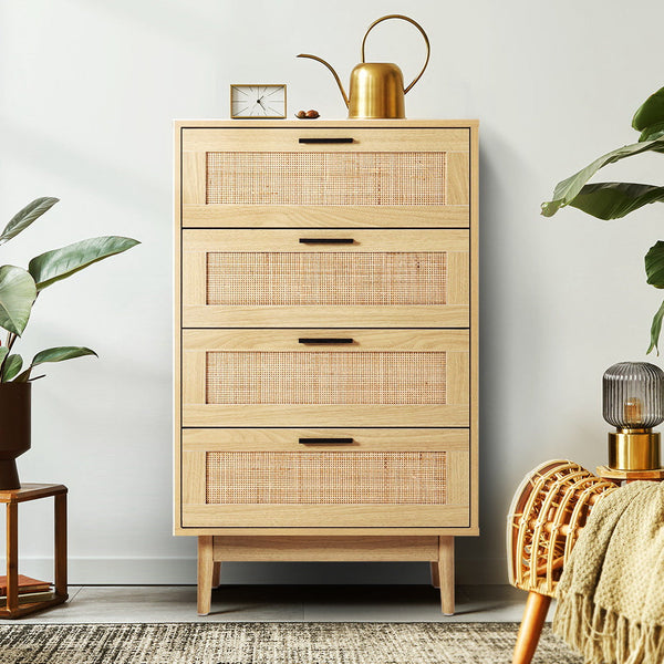 Artiss 4 Chest Of Drawers Rattan Tallboy Cabinet Bedroom Clothes Storage Wood Dressers & Chests Of Drawers