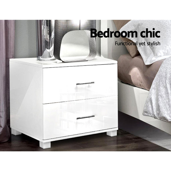 Artiss High Gloss Two Drawers Bedside Table White Bedside Tables