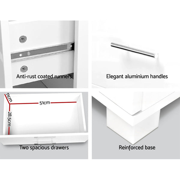 Artiss High Gloss Two Drawers Bedside Table White Bedside Tables