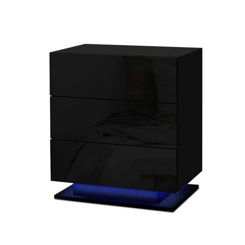 Artiss Bedside Tables Side Rgb Led Lamp 3 Drawers Nightstand Gloss Black