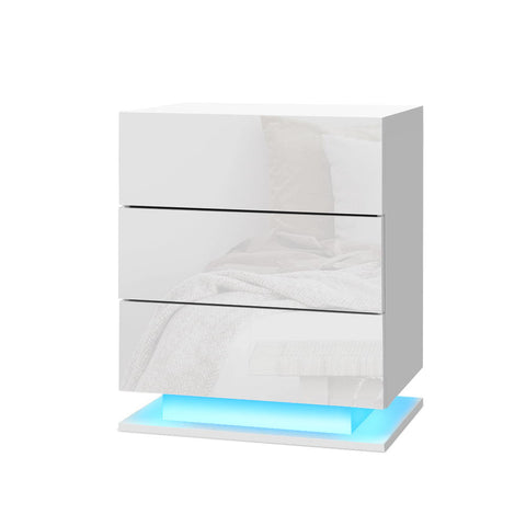 Artiss Bedside Tables Side Rgb Led Lamp 3 Drawers Nightstand Gloss White
