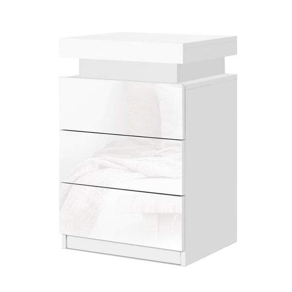 Artiss Bedside Tables Side 3 Drawers Rgb Led High Gloss Nightstand White