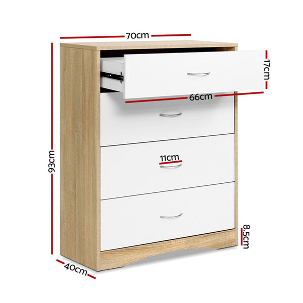 Artiss 4 Chest Of Drawers Tallboy Dresser Table Bedroom Storage White Wood Cabinet Dressers & Chests Of Drawers