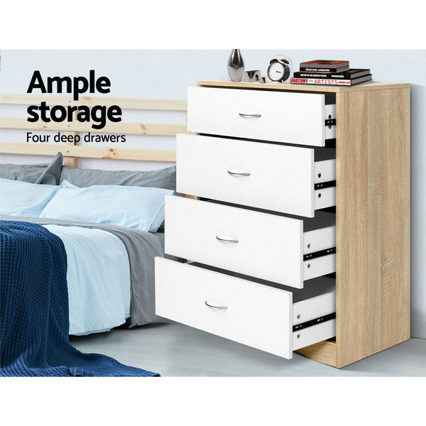 Artiss 4 Chest Of Drawers Tallboy Dresser Table Bedroom Storage White Wood Cabinet Dressers & Chests Of Drawers