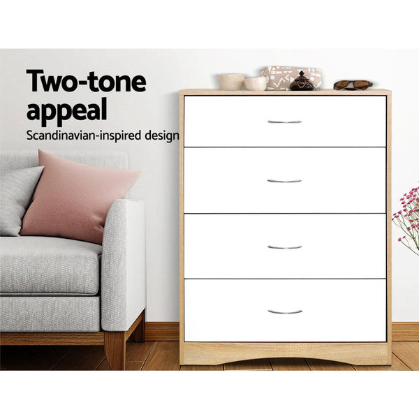 Artiss 4 Chest Of Drawers Tallboy Dresser Table Bedroom Storage White Wood Cabinet Dressers & Chests Of Drawers