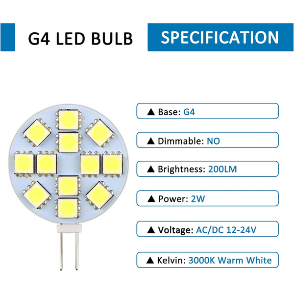 G4 Led Bulb 2W 12 24V Warm White 3000K 200Lm Non Dimmable 12X5050 Smd For Cabinets Compatible With Phillips Oral B Braun Light Bulbs