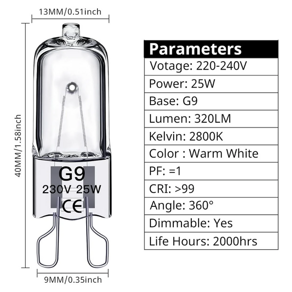 G9 Halogen Bulbs 25W 230V 10 Pack Light Bulbs