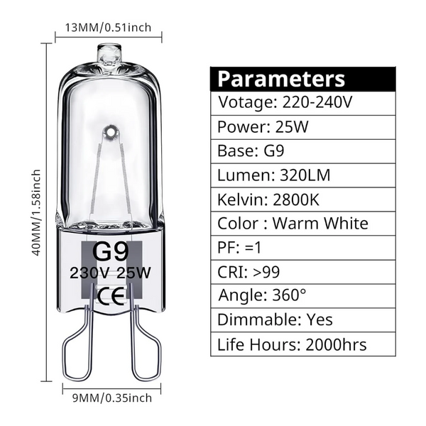 G9 Halogen Bulbs 28W 230V 10 Pack Light Bulbs