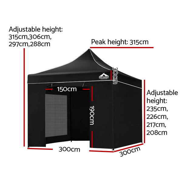 Instahut Gazebo Pop Up Marquee 3X3m Folding Wedding Tent Gazebos Shade Black Wat Gazebos & Pergolas