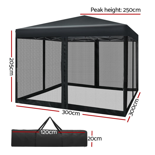 Instahut Gazebo Pop Up Marquee 3X3 Wedding Side Mesh Wall Outdoor Gazebos Black Gazebos & Pergolas