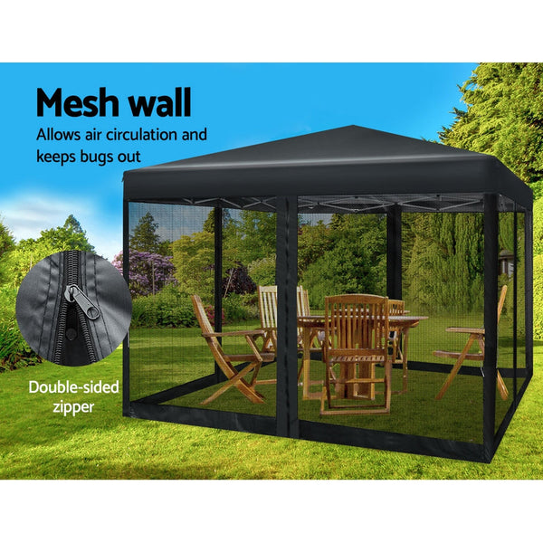 Instahut Gazebo Pop Up Marquee 3X3 Wedding Side Mesh Wall Outdoor Gazebos Black Gazebos & Pergolas